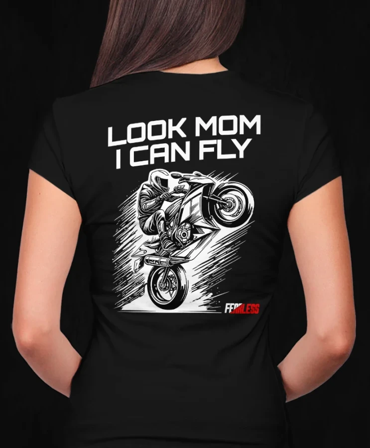 Look mom I can fly, damska czarna  koszulka motocyklowa, koszulka dla motocyklistki, koszulki motocyklowe, koszulka na motor, koszulka fearless, koszulki fearless, koszulki motocyklowe.webp