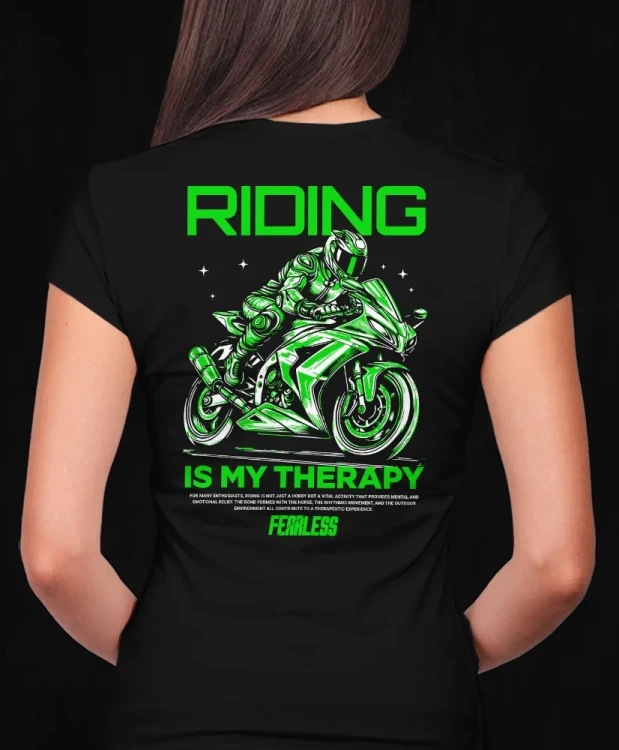 Riding is my therapy, damska czarna  koszulka motocyklowa, koszulka dla motocyklistki, koszulki motocyklowe, koszulka na motor, koszulka fearless, koszulki fearless, koszulki motocyklowe.webp