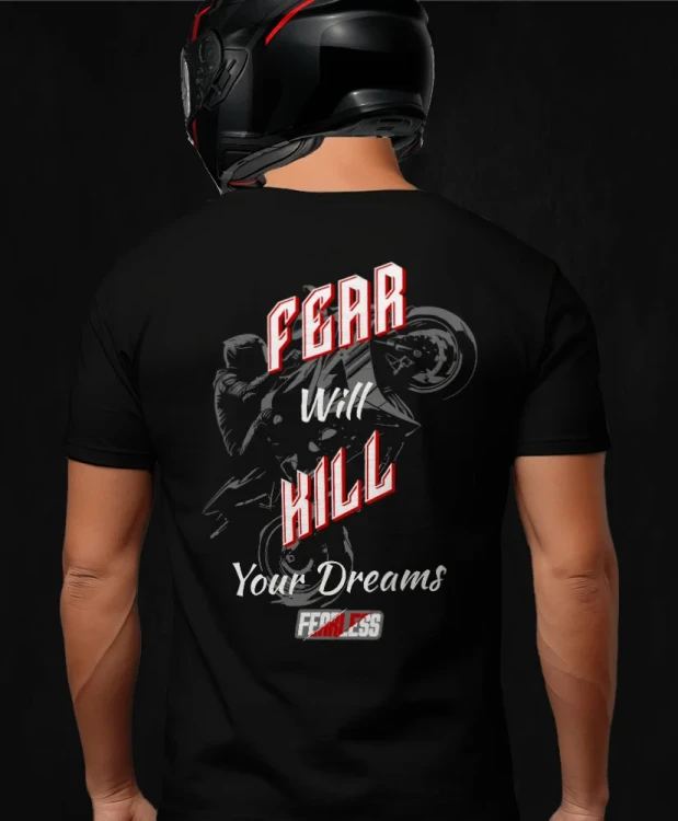Fear will kill your dreams, męska czarna koszulka motocyklowa, koszulka dla motocyklisty, koszulki dla motocyklistów, koszulki motocyklowe, koszulka na motor, koszulka fearless, koszulki fearless.webp