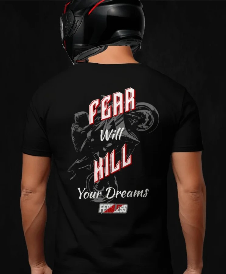 Fear will kill your dreams, męska czarna koszulka motocyklowa, koszulka dla motocyklisty, koszulki dla motocyklistów, koszulki motocyklowe, koszulka na motor, koszulka fearless, koszulki fearless.webp