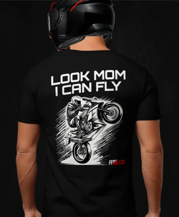 Look mom I can fly, męska czarna koszulka motocyklowa, koszulka dla motocyklisty, koszulki dla motocyklistów, koszulki motocyklowe, koszulka na motor, koszulka fearless, koszulki fearless.webp
