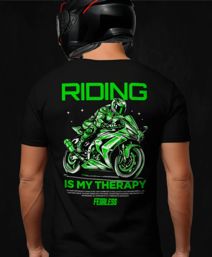 Riding is my therapy, męska czarna koszulka motocyklowa, koszulka dla motocyklisty, koszulki dla motocyklistów, koszulki motocyklowe, koszulka na motor, koszulka fearless, koszulki fearless.webp