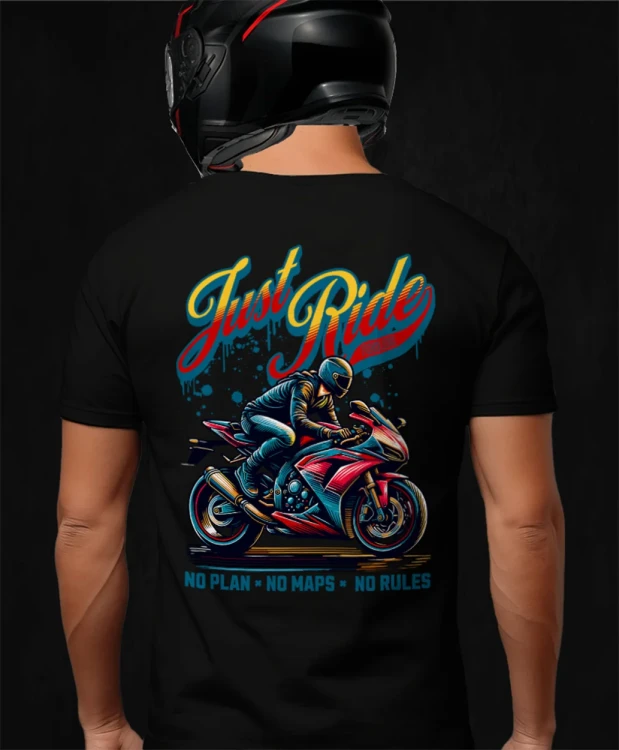 Just ride, męska czarna koszulka motocyklowa, koszulka dla motocyklisty, koszulki dla motocyklistów, koszulki motocyklowe, koszulka na motor, koszulka fearless, koszulki fearle.webp