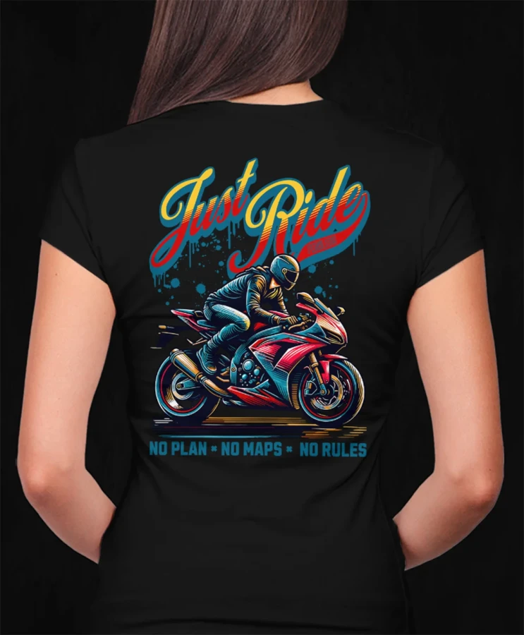 Just ride, damska czarna  koszulka motocyklowa, koszulka dla motocyklistki, koszulki motocyklowe, koszulka na motor, koszulka fearless, koszulki fearless, koszulki motocyklowe.webp