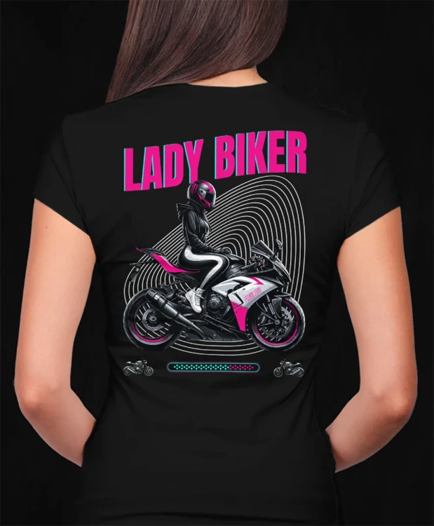 Lady biker, damska czarna  koszulka motocyklowa, koszulka dla motocyklistki, koszulki motocyklowe, koszulka na motor, koszulka fearless, koszulki fearless, koszulki motocyklowe.webp