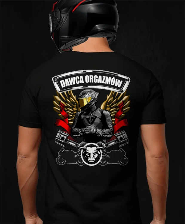Dawca orgazmów, męska czarna koszulka motocyklowa, koszulka dla motocyklisty, koszulki dla motocyklistów, koszulki motocyklowe, koszulka na motor, koszulka fearless.webp
