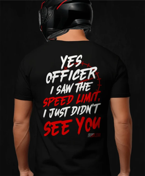 Yes officer i saw the speed limit, męska czarna koszulka motocyklowa, koszulka dla motocyklisty, koszulki dla motocyklistów, koszulki motocyklowe, na motor, koszulka fearless, .webp