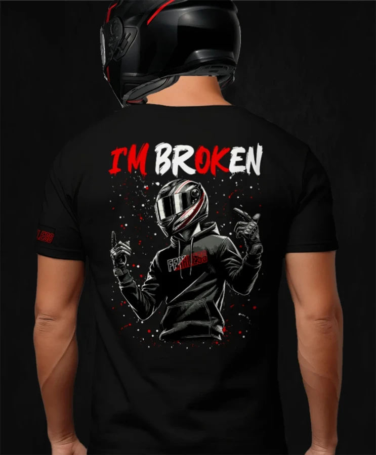 I'm broken, męska czarna koszulka motocyklowa, koszulka dla motocyklisty, koszulki dla motocyklistów, koszulki motocyklowe, na motor, koszulka fearless, koszulka motocyklowa.webp