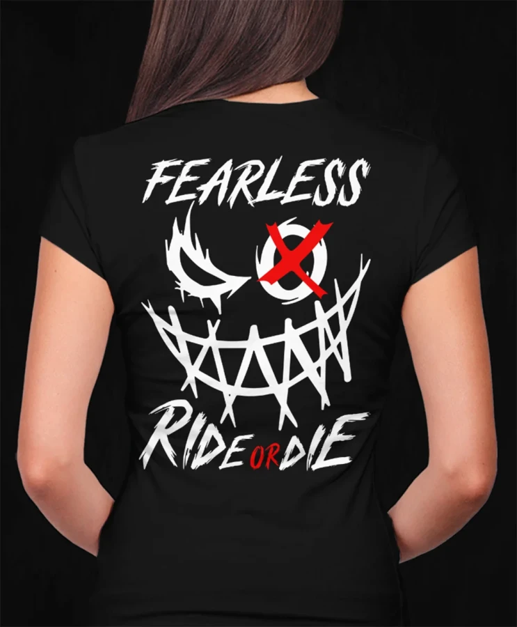 Ride or Die X, damska czarna  koszulka motocyklowa, koszulka dla motocyklistki, koszulki motocyklowe, koszulka na motor, koszulka fearless, koszulki fearless, koszulki motocyklowe.webp