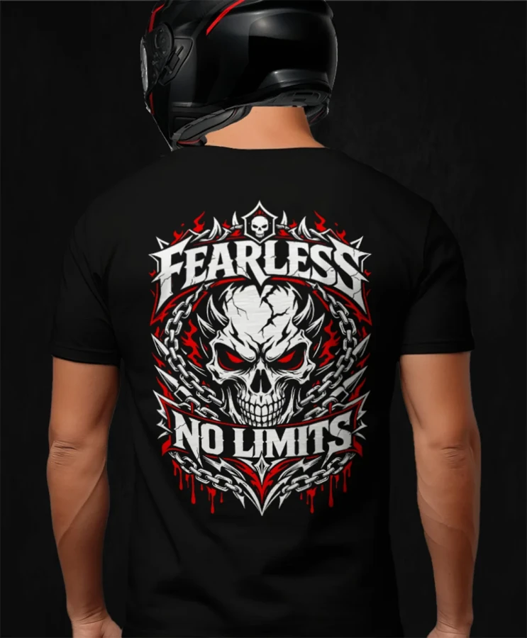 Fearless No Limits, męska czarna koszulka motocyklowa, koszulka dla motocyklisty, koszulki dla motocyklistów, koszulki motocyklowe, na motor, koszulka fearless.webp