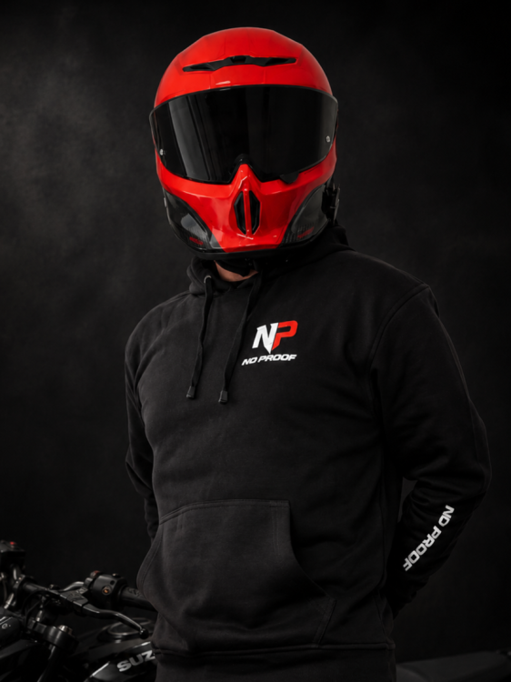 Bluza motocyklowa męska NO PROOF czarna z logo na piersi i nadrukiem na rękawie – odzież dla motocyklistów.