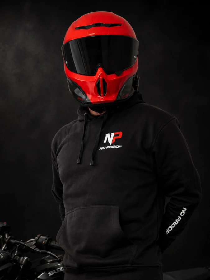 Bluza motocyklowa męska NO PROOF czarna z logo na piersi i nadrukiem na rękawie – odzież dla motocyklistów.